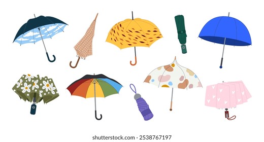 Set of Different Umbrellas under Rain Drops. Cute Colorful Kids Parasols in Various Positions. Open Umbrellas, Autum or Spring Season, Protection of Rain. Cartoon Vector Illustration