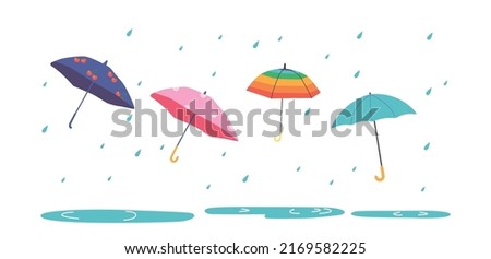 Set of Different Umbrellas under Rain Drops. Cute Colorful Kids Parasols in Various Positions. Open Umbrellas, Autum or Spring Season, Protection of Rain. Cartoon Vector Illustration
