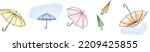 Set of different Umbrellas in various positions. Open and folded umbrellas. Hand drawn Vector illustration. Cartoon style. Design templates. All elements are isolated