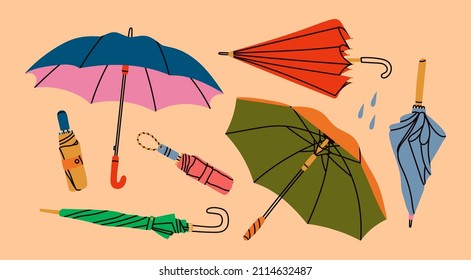 Set of different Umbrellas in various positions. Open and folded umbrellas. Hand drawn colored Vector illustration. Cartoon style. Design templates. All elements are isolated