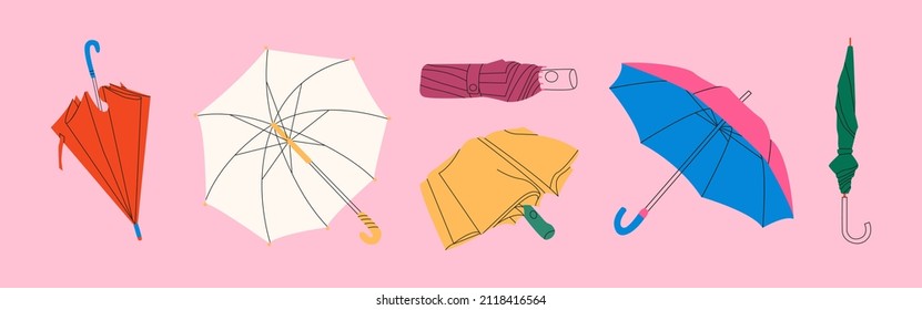 Set of different Umbrellas in various positions. Rainy collection. Open and folded  cartoon style umbrellas. Hand drawn colored flat Vector illustration. Design templates. All elements are isolated . 