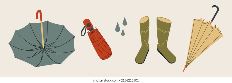 Set von verschiedenen Regenschirmen in verschiedenen Positionen und Gummischuhe. Vektorgrafik. 