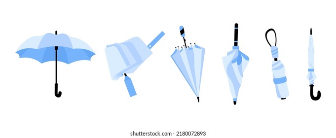 Set of different Umbrellas in various positions. Open and folded umbrellas. Blue colors. Hand drawn colored Vector illustration. Cartoon style. Design templates. Isolated on background