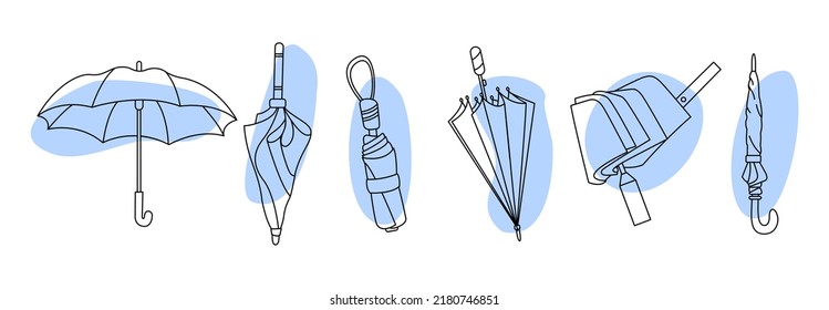 Conjunto de diferentes paraguas en diferentes posiciones. Paraguas abiertos y plegados. Arte de línea con mancha azul. Ilustración del Vector de color dibujado a mano. Estilo de caricatura. Diseñar plantillas. Aislado en segundo plano