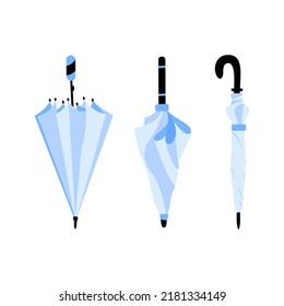 Set of different Umbrellas in various positions. Open and folded umbrellas. Blue colors. Hand drawn colored Vector illustration. Cartoon style. Design templates. Isolated on background
