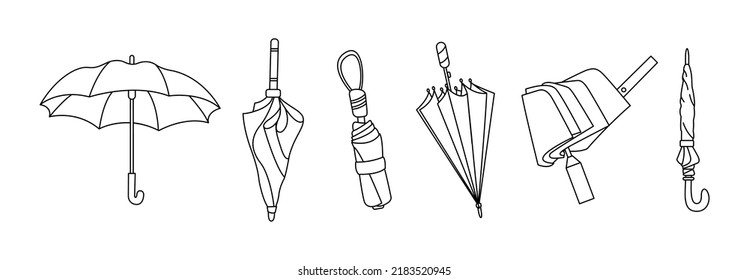 Set of different Umbrellas in various positions. Open and folded umbrellas. Line art. Hand drawn colored Vector illustration. Cartoon style. Design templates. Isolated on background