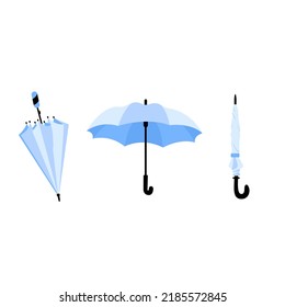 Set of different Umbrellas in various positions. Open and folded umbrellas. Blue colors. Hand drawn colored Vector illustration. Cartoon style. Design templates. Isolated on background