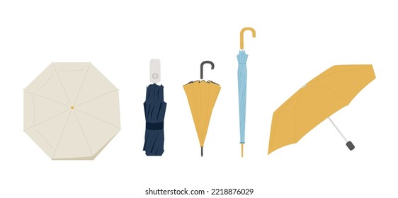 Set of different Umbrellas in various positions. Open and folded umbrellas. Muted colors. Hand drawn colored Vector illustration. Cartoon style. Design templates. All elements are isolated