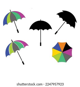 Set of different Umbrellas in various positions. Rainy collection. Open and folded cartoon style umbrellas. Hand drawn colored flat Vector illustration. Design templates. All elements are isolated .