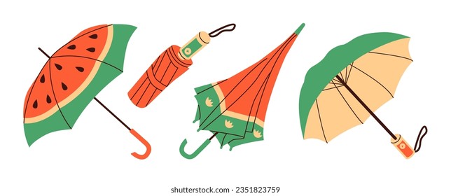 Set of different Umbrellas in various positions, Open and folded umbrellas.