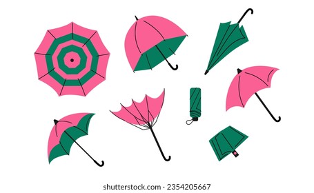 Set of different umbrellas in various positions, opened and folded umbrellas. Vector flat illustration, pink and green colors.