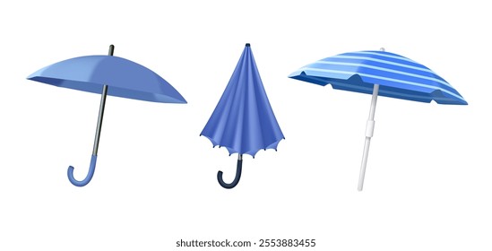 Set of different Umbrellas in various positions. Open and folded umbrellas. Muted colors. 3D colored Vector illustration. Cartoon style. Design templates. All elements are isolated