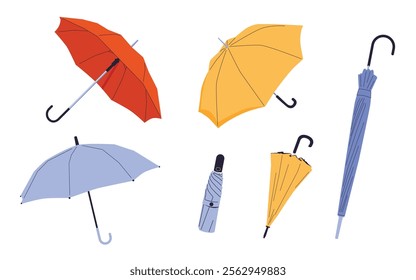 Set of different Umbrellas in various positions. Open and folded umbrellas. Muted colors. Hand drawn colored Vector illustration. Cartoon style. Design templates. All elements are isolated