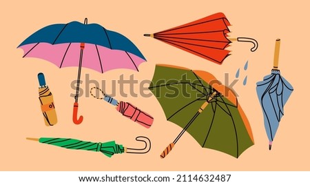 Set of different Umbrellas in various positions. Open and folded umbrellas. Hand drawn colored Vector illustration. Cartoon style. Design templates. All elements are isolated