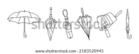 Set of different Umbrellas in various positions. Open and folded umbrellas. Line art. Hand drawn colored Vector illustration. Cartoon style. Design templates. Isolated on background