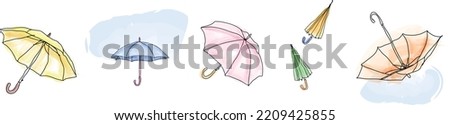 Set of different Umbrellas in various positions. Open and folded umbrellas. Hand drawn Vector illustration. Cartoon style. Design templates. All elements are isolated