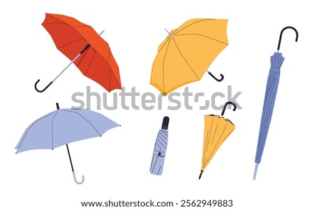Set of different Umbrellas in various positions. Open and folded umbrellas. Muted colors. Hand drawn colored Vector illustration. Cartoon style. Design templates. All elements are isolated