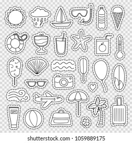 Set of different uncolored summer stickers, patches and pins isolated on transparent background.