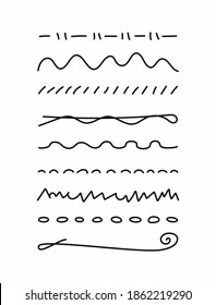 Set of different underlines. Collection of underscores drawn by hand. Doodle, sketch, scribble. Vector illustration.