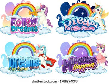 Set of different unicorn font typography with rainbows isolated illustration