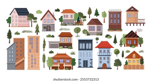 Set of different urban and countryside building icons, trees, bushes. Isolated skyscraper, apartment building, cottage, country house, villa. Flat vector illustrations. Urban and suburban life.