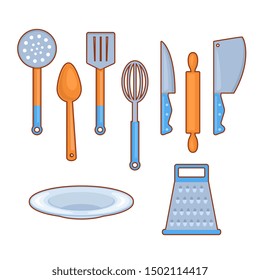 Set of different useful kitchen cutlery on white background