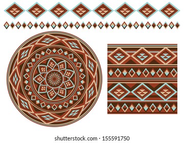 Set of different using same most popular seamless texture. Round pattern, square pattern and borders  in blue and brown colors , isolated on white background. Vector illustration.