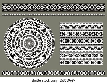 Set of different using same most popular grayscale seamless texture. Round pattern, square pattern and borders in black and white colors , isolated on gray background. Vector illustration. 