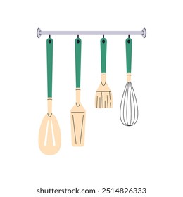 Set of different utensils hanging on holder. Silicone cookware: spoon, spatula, whisk, turner. Modern kitchenware, tableware for cooking. Kitchen tools. Flat isolated vector illustration on white