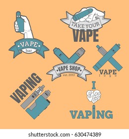 Set of different vaping logotypes colored on orange background