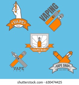 Set of different vaping logotypes colored on blue background