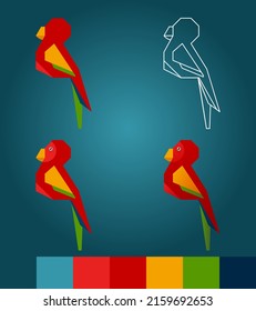 Set of different variants of the bird for the logo. Red parrot with colored tail. Flat logo.