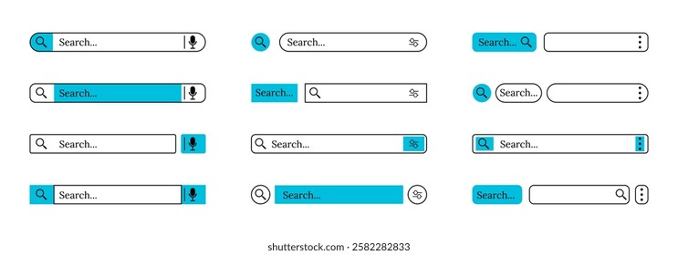 Set of different variations of search bar designs, showcasing various button and input field styles.