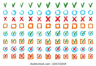 Set different Variations of Ticks and Crosses Represents Confirmation, Right and Wrong Choices, Task Completion, Voting, etc. Collection - cross + hook. Vector Set of Flat Design Check Marks Icons.