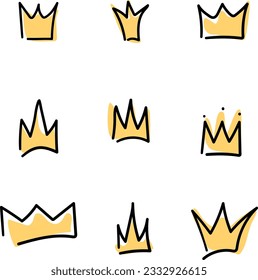 set of different variations of yellow crowns hand drawn on doodle style and isolated on background