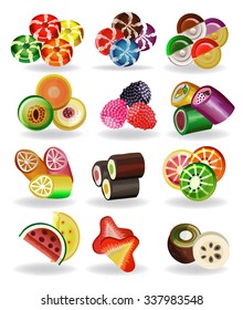 A set of different varieties of caramel sweets. Vector illustration.