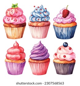 Set of different varieties of cupcakes.