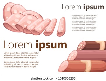 Set of different varieties of sausage and slices vector illustration on white background with place for your text website page and mobile app design.