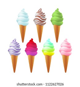 Set of different Various Tasty ice cream with vanilla in a waffle cup. Vector stock image. Summer creative concept. art