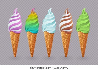 Set of different Various Tasty ice cream with vanilla in a waffle cup. Vector stock image. Summer creative concept. art