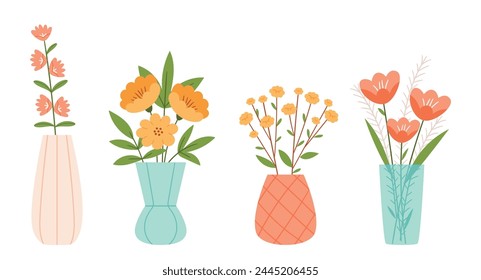 A set of different vases with bouquets. Blooming spring flowers in elegant ceramic vases. Flowers in pastel colors.