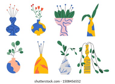 Conjunto de diferentes jarrones con flores, Vases con motivos geométricos. Ilustración vectorial plana