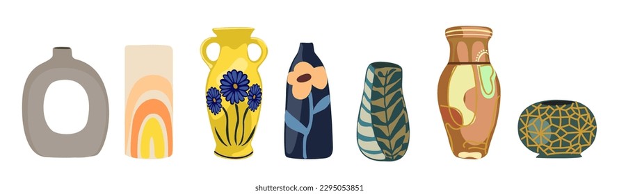 Conjunto de diferentes jarrones para flores. cerámica moderna hecha a mano, vajilla de arcilla de varios tamaños, formas. Objetos de decoración casera. Ilustraciones de dibujos animados de vectores aislados en fondo blanco