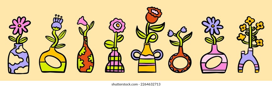 Set of different vases with flowers, Vases with patterns. Cartoon flat vector illustration. Home decor. All elements are isolated. Botanical sticker set. Floral vases of collection poster, flowers