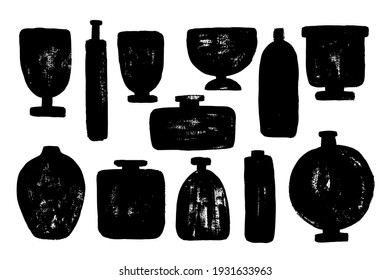 Set of different vases, pots, bowls with grunge texture. Hand drawn trendy modern style. Simple shapes.