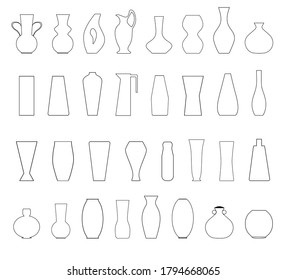 A set of different vases, vessels for flowers, vine, water, oil. Decorative utensils in the interior. Vector illustration. 