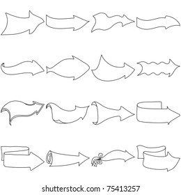 Set of different vector arrows, black graphic contours on a white background