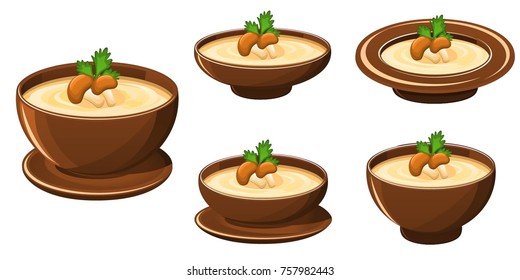 Set of different vector bowls with mushroom cream soup isolated on white background