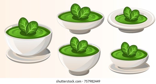 Set of different vector bowls with spinach cream soup isolated on white background