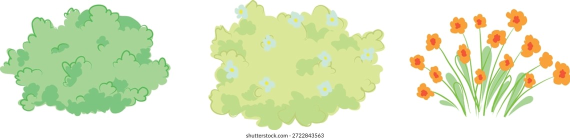 Conjunto de diferentes arbustos de Vector, dibujo para niños, dibujos simples de plantas